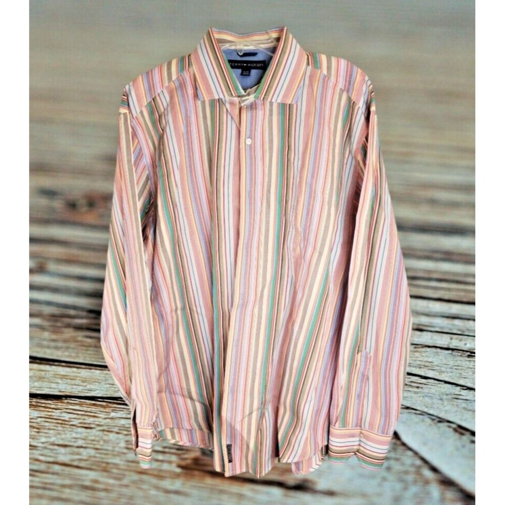 Tommy Hilfiger Men's Dress Shirt Size XL Multicolor Vertical Stripe Long Sleeve